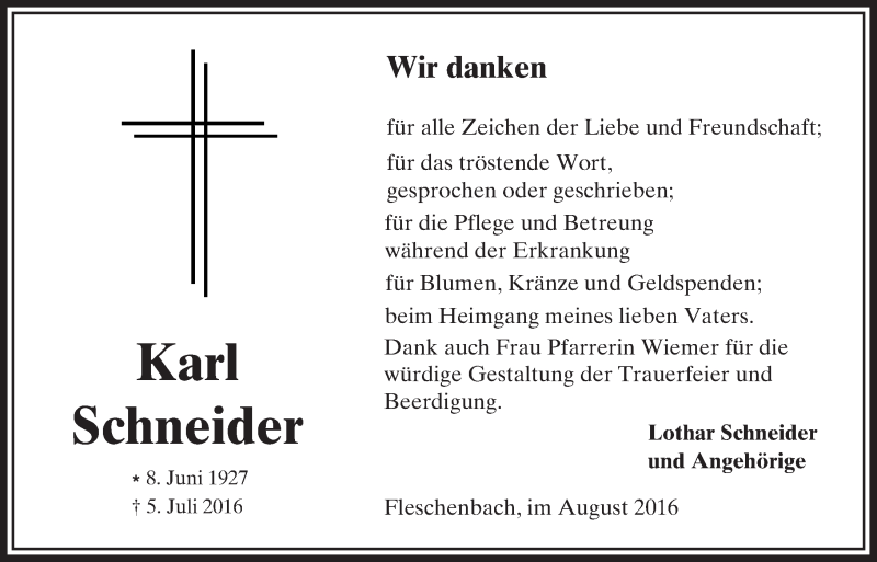  Traueranzeige für Karl Schneider vom 27.08.2016 aus VRM Trauer