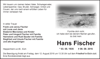 Traueranzeige von Hans Fischer von Trauerportal Rhein Main Presse