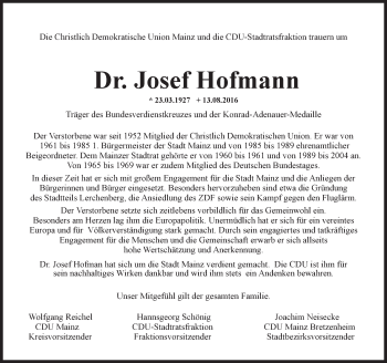 Traueranzeige von Josef Hofmann von Trauerportal Rhein Main Presse