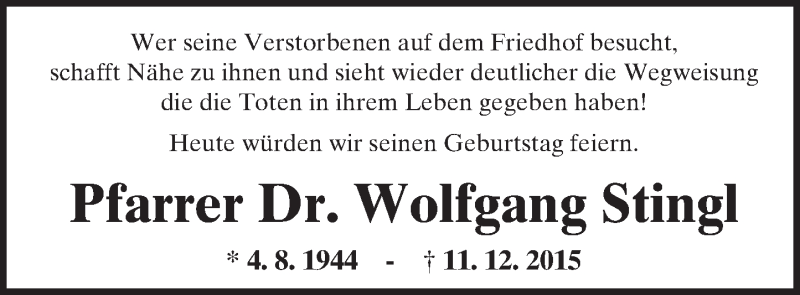  Traueranzeige für Wolfgang Stingl vom 04.08.2016 aus  Kreisanzeiger