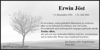 Traueranzeige von Erwin Jöst von Trauerportal Rhein Main Presse