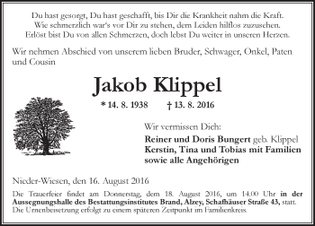 Traueranzeige von Jakob Klippel von Trauerportal Rhein Main Presse