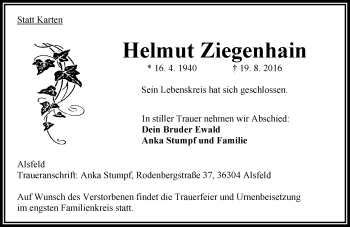 Traueranzeige von Helmut Ziegenhain von VRM Trauer