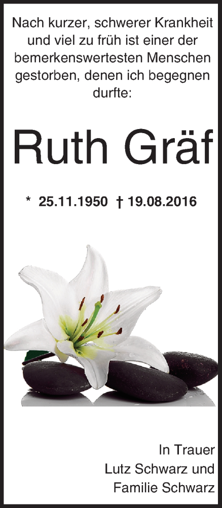  Traueranzeige für Ruth Gräf vom 27.08.2016 aus Trauerportal Echo Online