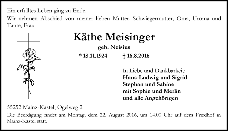  Traueranzeige für Käthe Meisinger vom 20.08.2016 aus Trauerportal Rhein Main Presse