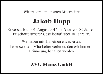 Traueranzeige von Jakob Bopp von Trauerportal Rhein Main Presse