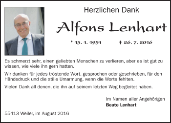 Traueranzeige von Alfons Lenhart von Trauerportal Rhein Main Presse