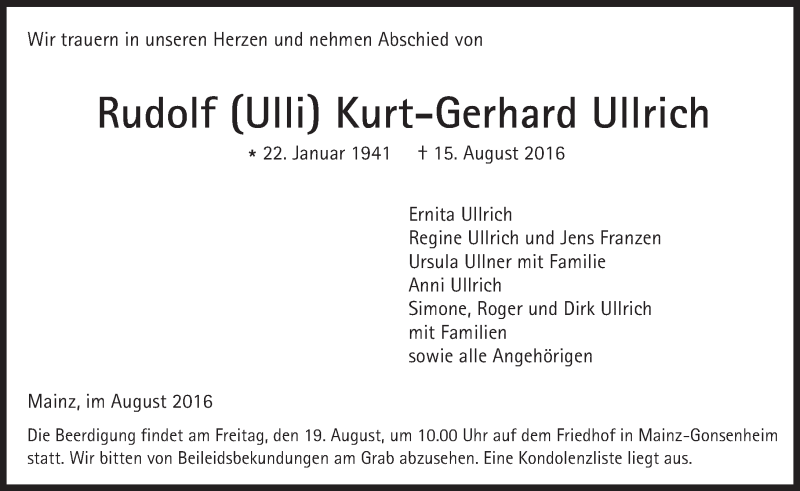  Traueranzeige für Rudolf Kurt-Gerhard Ullrich vom 17.08.2016 aus Trauerportal Rhein Main Presse