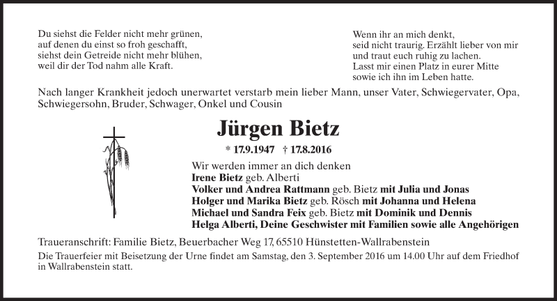  Traueranzeige für Jürgen Bietz vom 27.08.2016 aus Trauerportal Rhein Main Presse