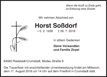 Traueranzeige von Horst Soßdorf von Trauerportal Echo Online