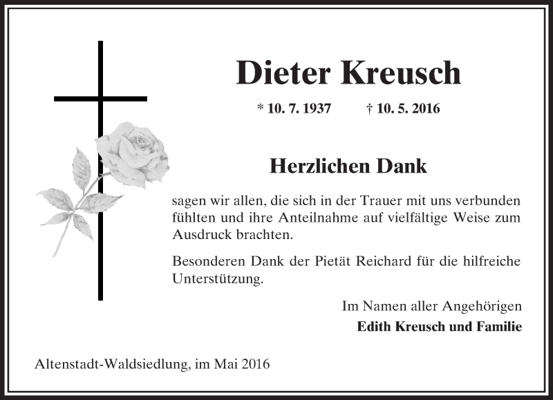  Traueranzeige für Dieter Kreusch vom 28.05.2016 aus  Kreisanzeiger