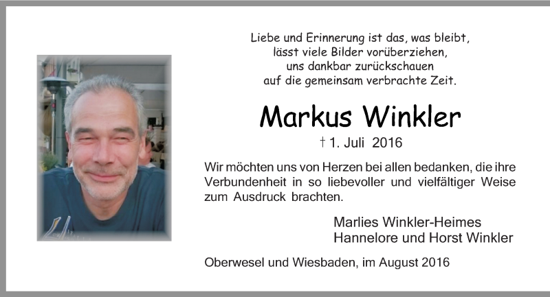  Traueranzeige für Markus Winkler vom 06.08.2016 aus Trauerportal Rhein Main Presse