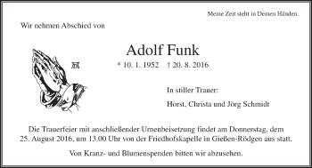 Traueranzeige von Adolf Funk von  Gießener Anzeiger