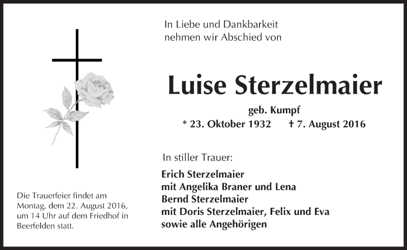  Traueranzeige für Luise Sterzelmaier vom 12.08.2016 aus Trauerportal Echo Online