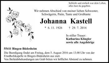 Traueranzeige von Johanna Kastell von Trauerportal Rhein Main Presse