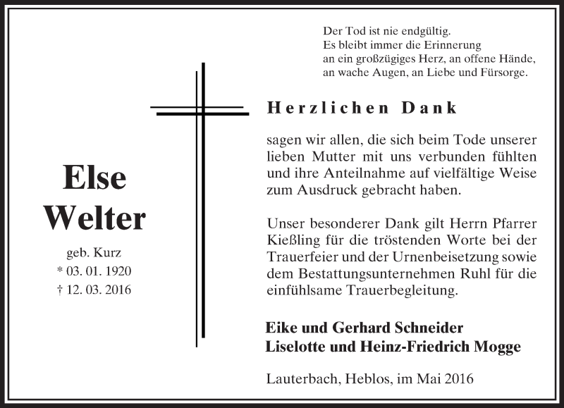  Traueranzeige für Else Welter vom 12.05.2016 aus VRM Trauer