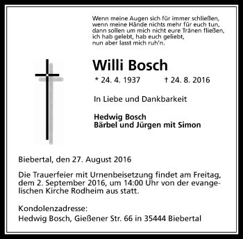 Traueranzeige von Willi Bosch von  Gießener Anzeiger
