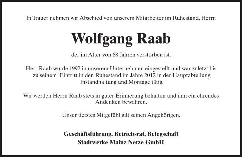  Traueranzeige für Wolfgang Raab vom 23.08.2016 aus Trauerportal Rhein Main Presse