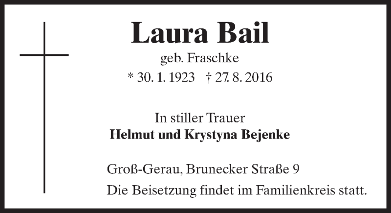  Traueranzeige für Laura Bail vom 31.08.2016 aus Trauerportal Echo Online