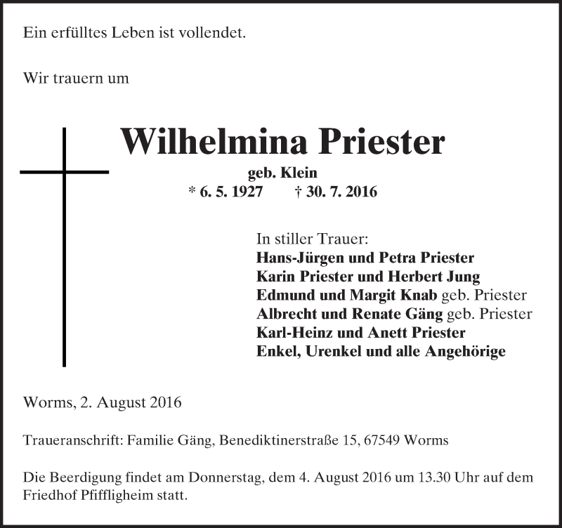  Traueranzeige für Wilhelmina Priester vom 02.08.2016 aus Trauerportal Rhein Main Presse