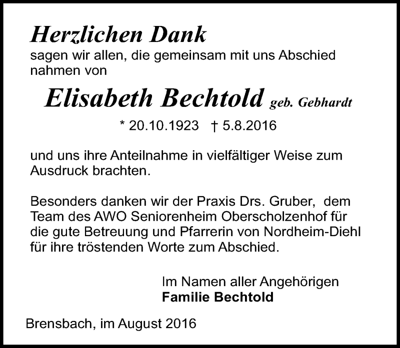  Traueranzeige für Elisabeth Bechtold vom 27.08.2016 aus Trauerportal Echo Online