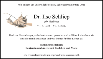 Traueranzeige von Ilse Schliep von Trauerportal Echo Online