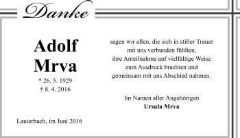 Traueranzeige von Adolf Mrva von VRM Trauer