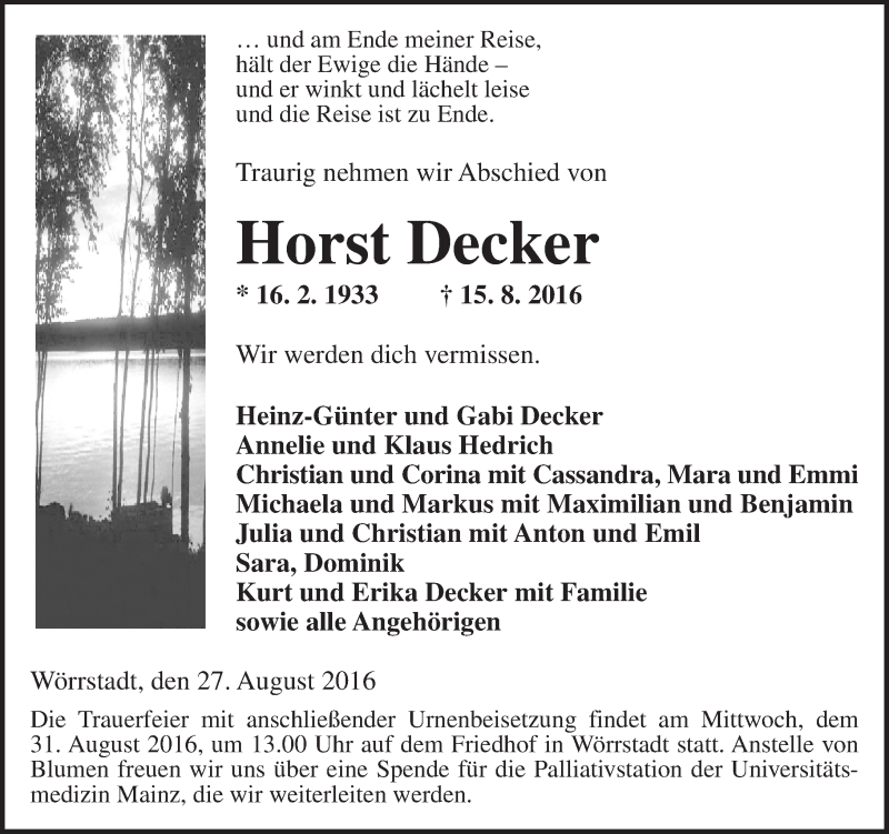  Traueranzeige für Horst Decker vom 27.08.2016 aus Trauerportal Rhein Main Presse