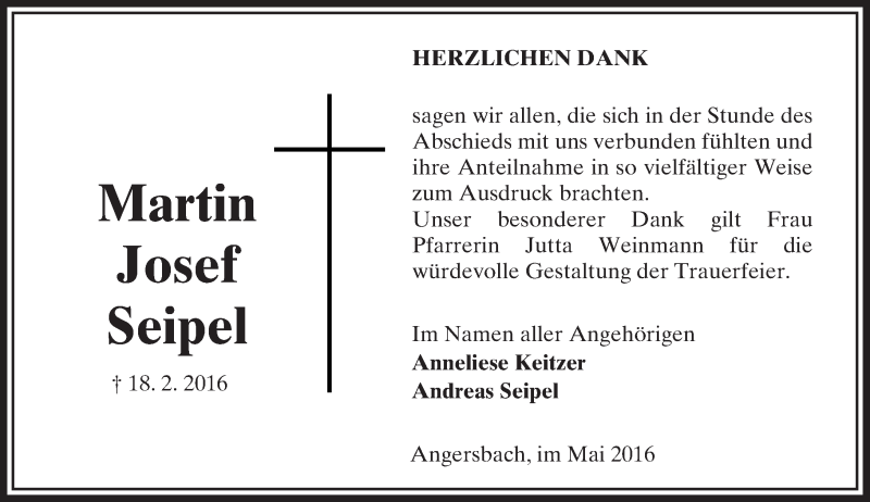  Traueranzeige für Martin Josef Seipel vom 14.05.2016 aus VRM Trauer