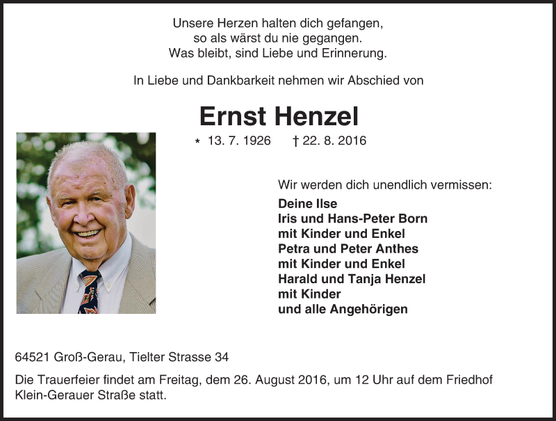  Traueranzeige für Ernst Henzel vom 24.08.2016 aus Trauerportal Echo Online