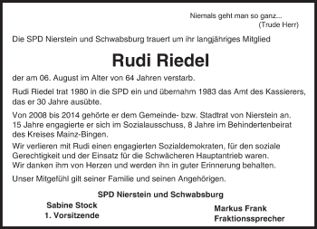 Traueranzeige von Rudi Riedel von Trauerportal Rhein Main Presse