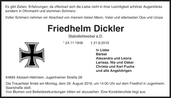 Traueranzeige von Friedhelm Dickler von Trauerportal Echo Online