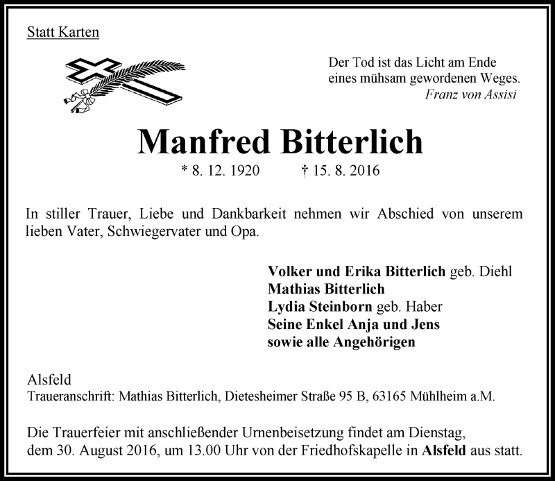  Traueranzeige für Manfred Bitterlich vom 27.08.2016 aus VRM Trauer