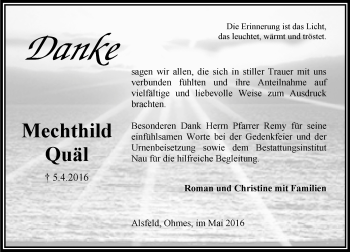 Traueranzeige von Mechthild Quäl von VRM Trauer