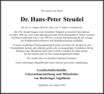 Traueranzeige von Hans-Peter Steudel von Trauerportal Rhein Main Presse