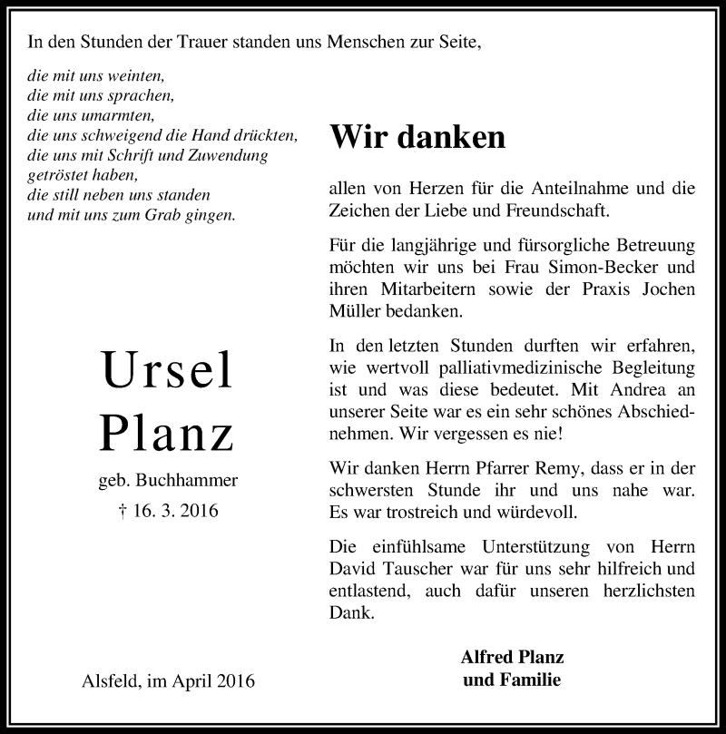  Traueranzeige für Ursel Planz vom 14.05.2016 aus VRM Trauer