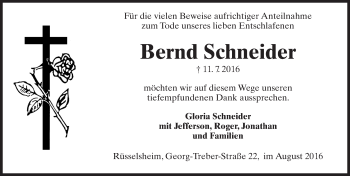 Traueranzeige von Bernd Schneider von Trauerportal Rhein Main Presse