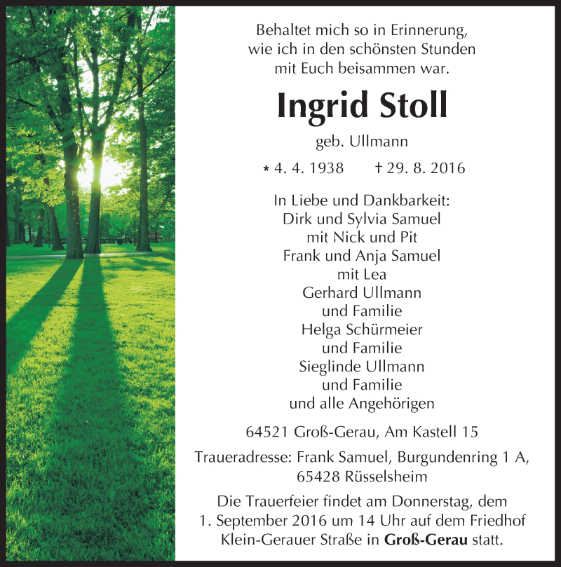  Traueranzeige für Ingrid Stoll vom 31.08.2016 aus Trauerportal Echo Online