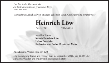 Traueranzeige von Heinrich Löw von Trauerportal Rhein Main Presse