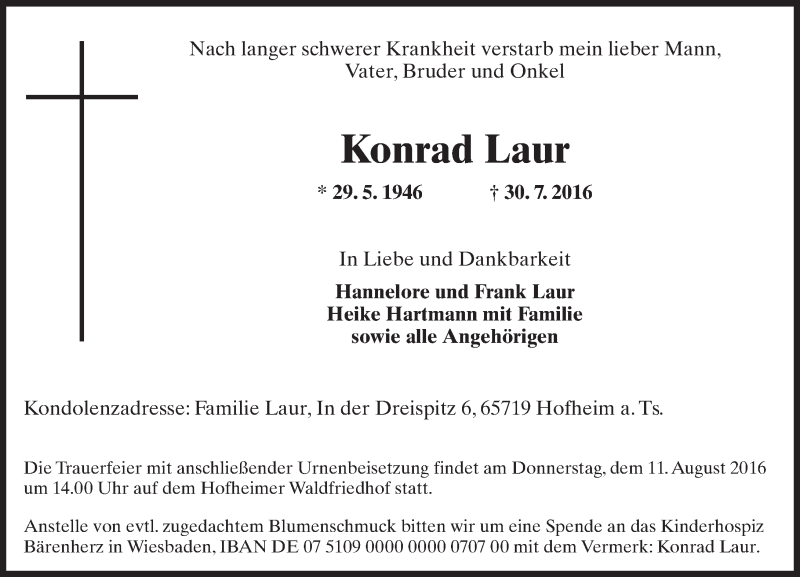  Traueranzeige für Konrad Laur vom 05.08.2016 aus Trauerportal Rhein Main Presse