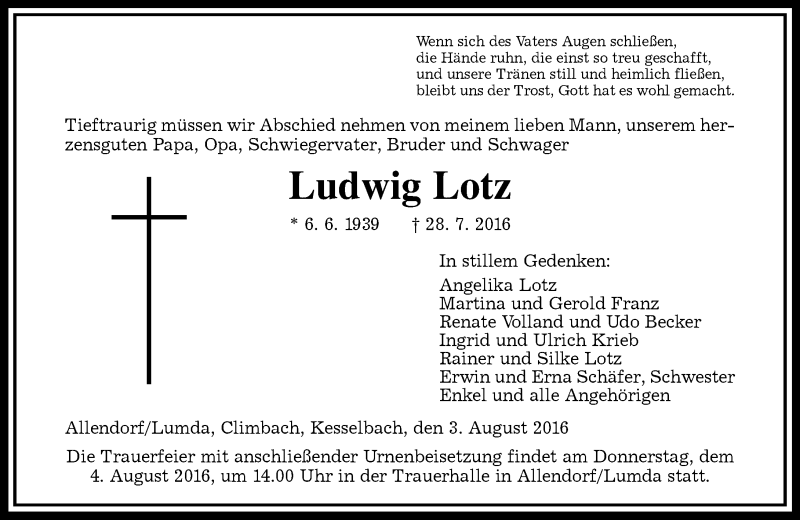  Traueranzeige für Ludwig Lotz vom 03.08.2016 aus  Gießener Anzeiger