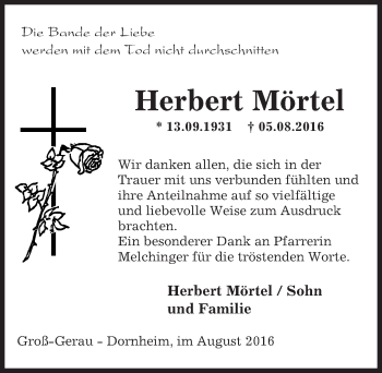 Traueranzeige von Herbert Mörtel von Trauerportal Echo Online