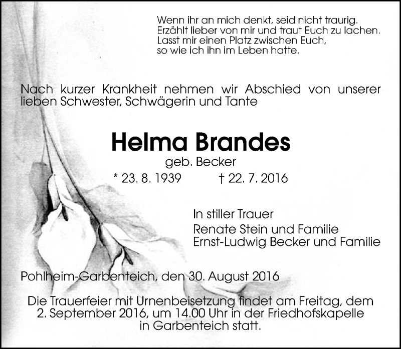  Traueranzeige für Helma Brandes vom 30.08.2016 aus  Gießener Anzeiger