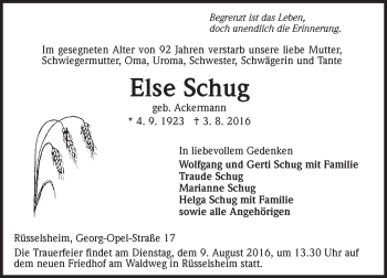 Traueranzeige von Else Schug von Trauerportal Rhein Main Presse