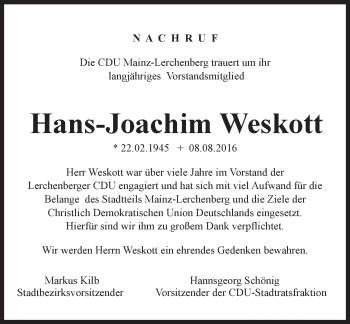 Traueranzeige von Hans-Joachim Weskott von Trauerportal Rhein Main Presse