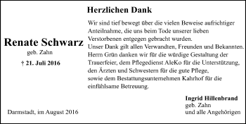 Traueranzeige von Renate Schwarz von Trauerportal Echo Online