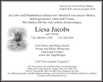 Traueranzeige von Liesa Jacobs von  Usinger Anzeiger