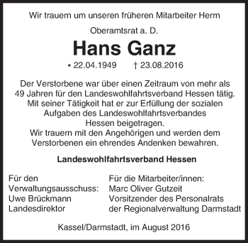 Traueranzeige von Hans Ganz von Trauerportal Echo Online