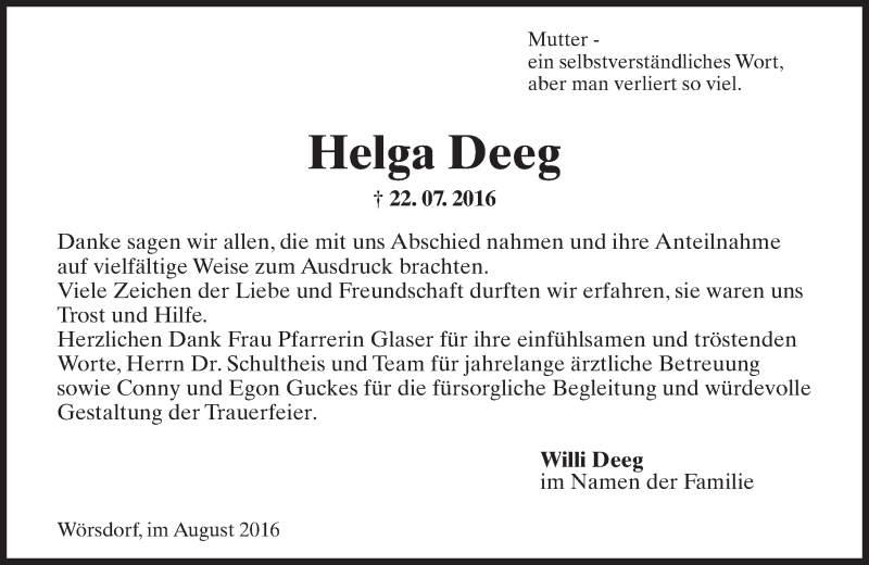  Traueranzeige für Helga Deeg vom 06.08.2016 aus Trauerportal Rhein Main Presse