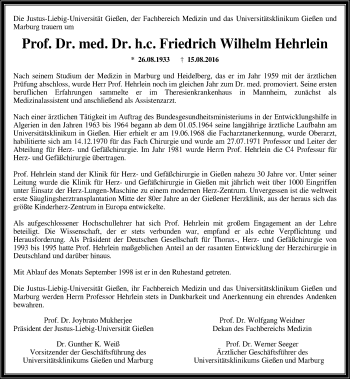 Traueranzeige von Friedrich Wilhelm Hehrlein von  Gießener Anzeiger